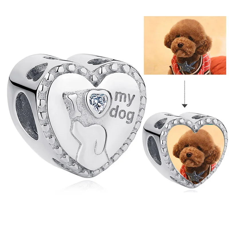 

Fashion 925 Silver Charm Heart Beads With My Dog Fit Beads DIY Making Jewelry for women Gift Customized Photo Charms