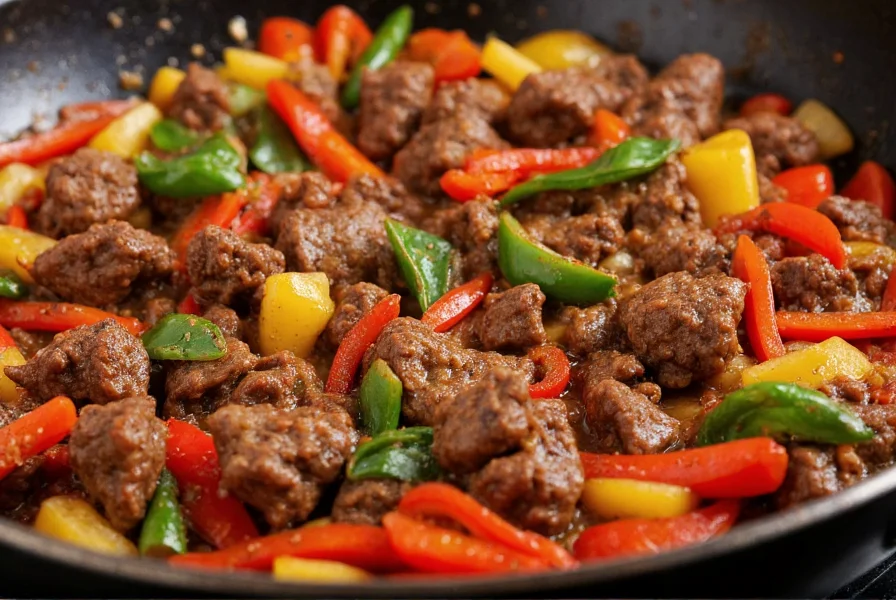 Close-up of sizzling pepper beef stir-fry with visible beef slices and bell peppers in wok