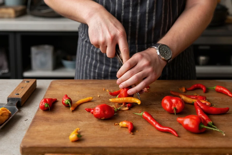Professional chef carefully handling various chili peppers while demonstrating proper cutting techniques for different heat levels