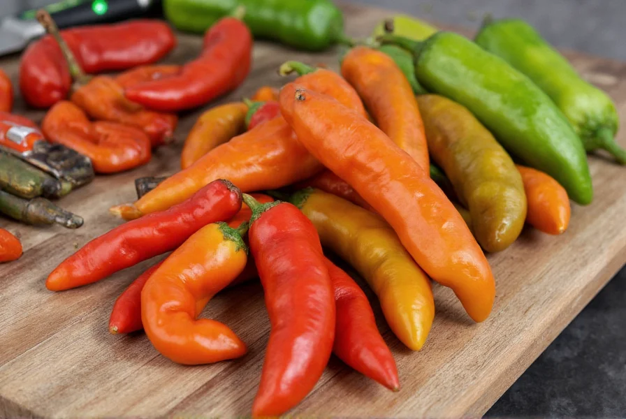 Fresh Anaheim chili peppers in various stages from green to red on a wooden cutting board with roasting equipment