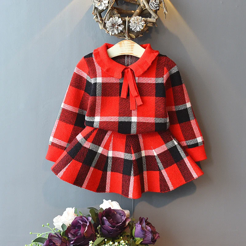 

Girl baby knitting clothing set plaid sweaters+skirt for dropshipping only