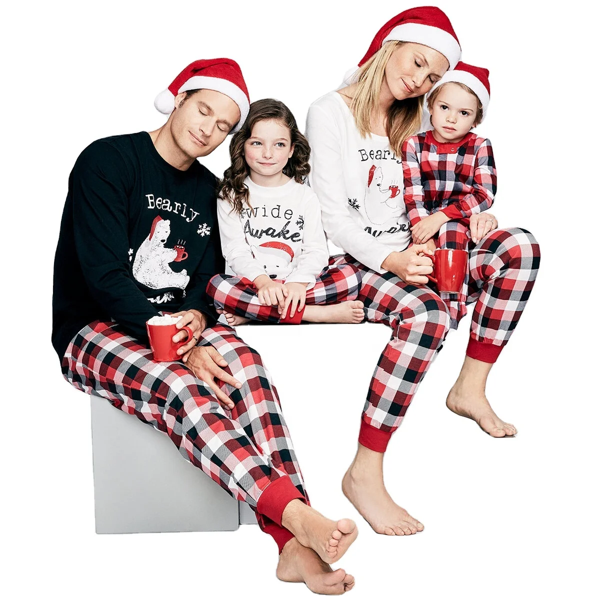 

Funny Bearly Tee and Plaid Bottom PJ's Family Matching Christmas Cotton Pajamas Sets, White, black, or customized color