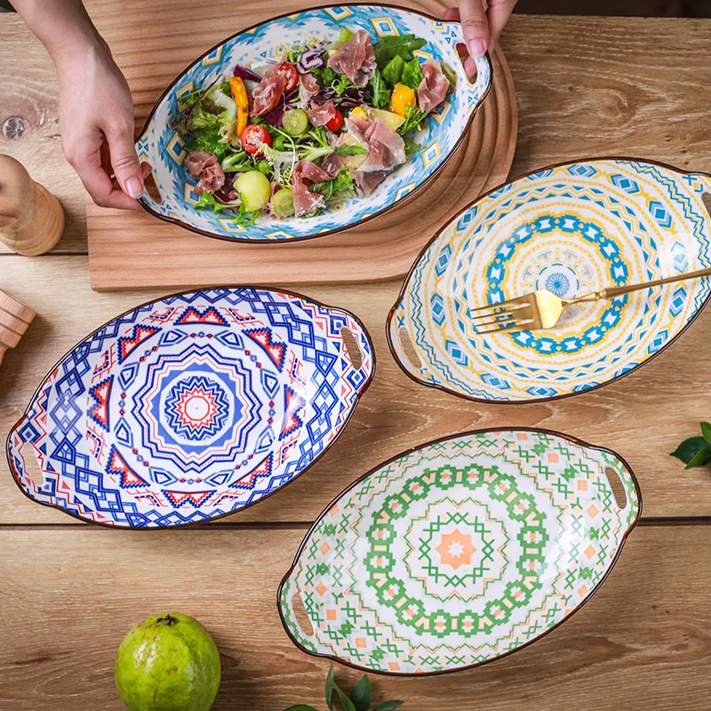 

HY Ins Japanese creative personality household Bohemian ceramic oval egg baking tray salad plate fruit plate
