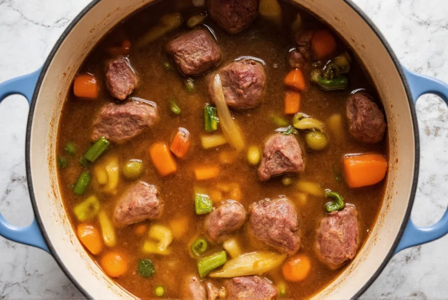 Homemade beef broth simmering in a pot with bones, vegetables, and herbs for chili base