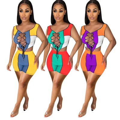 

2021 New Arrivals Women Patchwork Thread Sleeveless Short Pants Two Piece Set Summer Ladies Bandage Hollow Out BiKer Short Suit