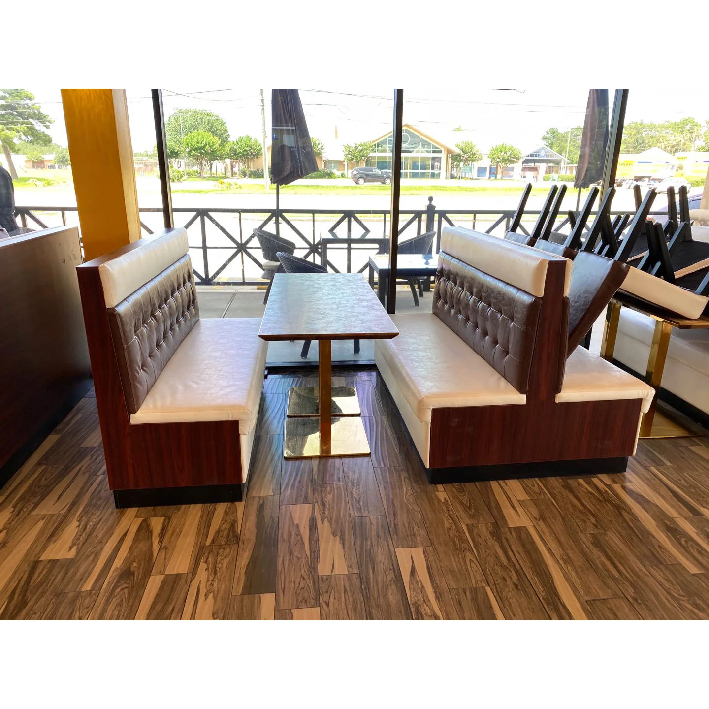 
Pattern color fast food restaurant double side seat booth seating sofa and wood table for sale(FOH CBCK20)  (62159424262)