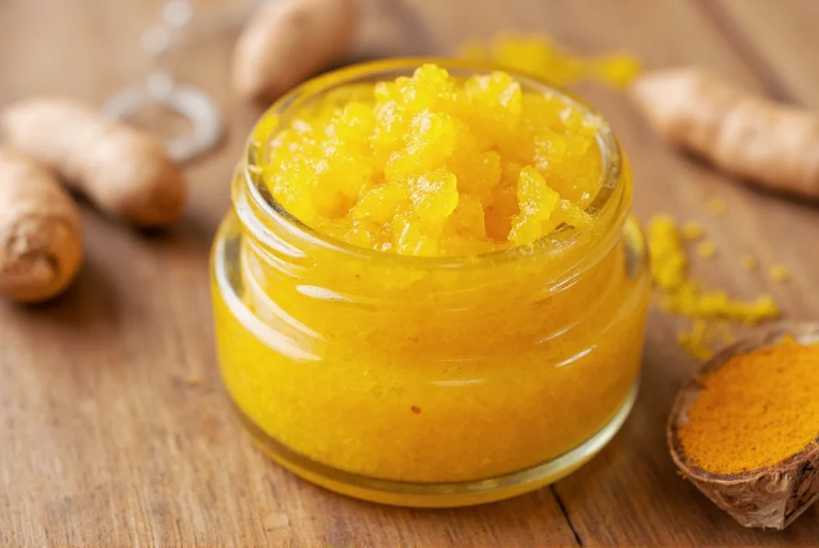 Close-up of golden turmeric lip scrub mixture in small glass jar with turmeric root and coconut oil visible