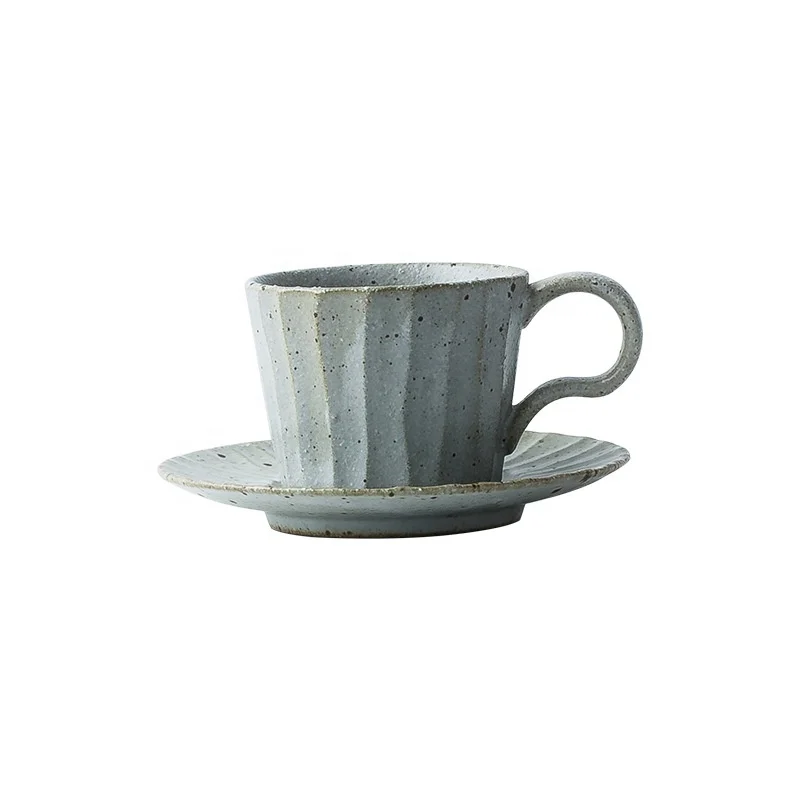 

European Vintage Crude Pottery Coffee Sets With Spoon Ceramic Coffee Cup With Saucer, Customized color
