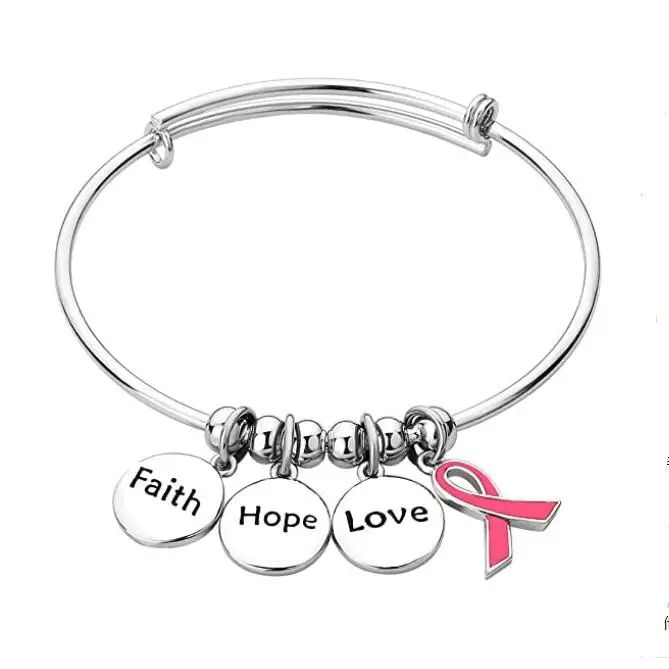 

Custom LOVE FAITH HOPE inspired pink ribbon breast cancer awareness charms alex and ani bracelets for women, Silver,pink