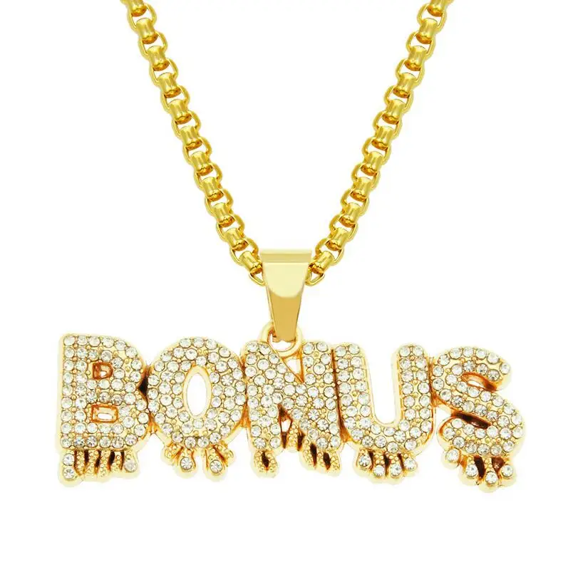 

Amazon Hot Sale Men's Trendy Brand Hip-hop Gold Chain Necklace Crystal Letters Jewelry Pendant Necklace