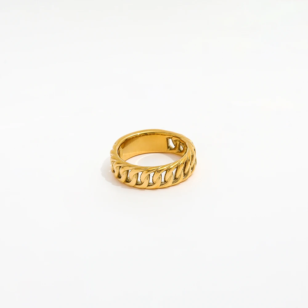 High End 18K Plain Gold Chain Knit Hollow Rings Stainless Steel Trendy Simple Gold Plated Jewelry