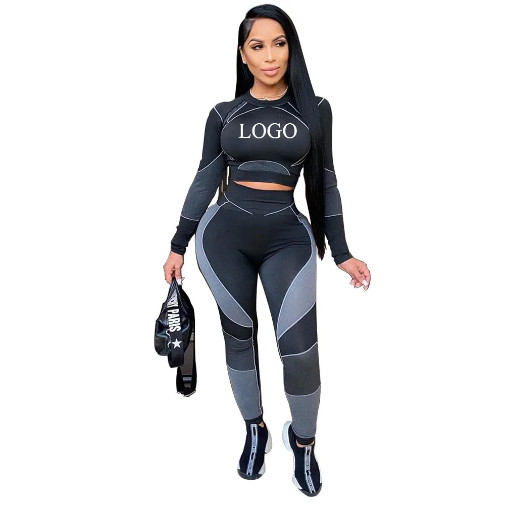 

Hot Sale Custom Logo Long Sleeve Casual Sports Yoga Wear Quick Dry Leggings Breathable Yoga Bar For Women Sets Two Piece, As picture or customized colors