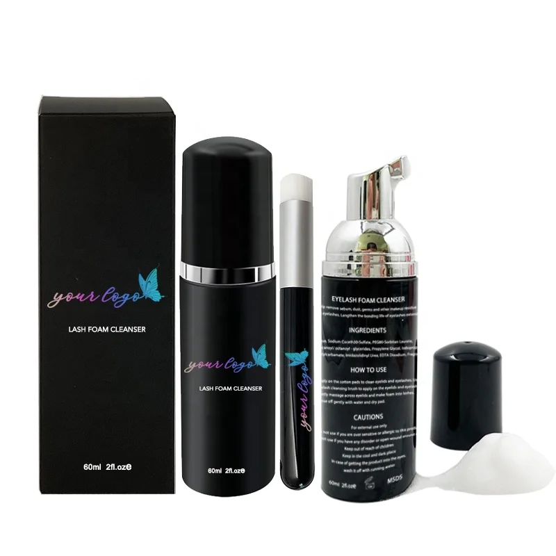 

Custom Own Logo  Black eyelash extension shampoo Lash foaming cleanser with brush for lash wash, White or transparent