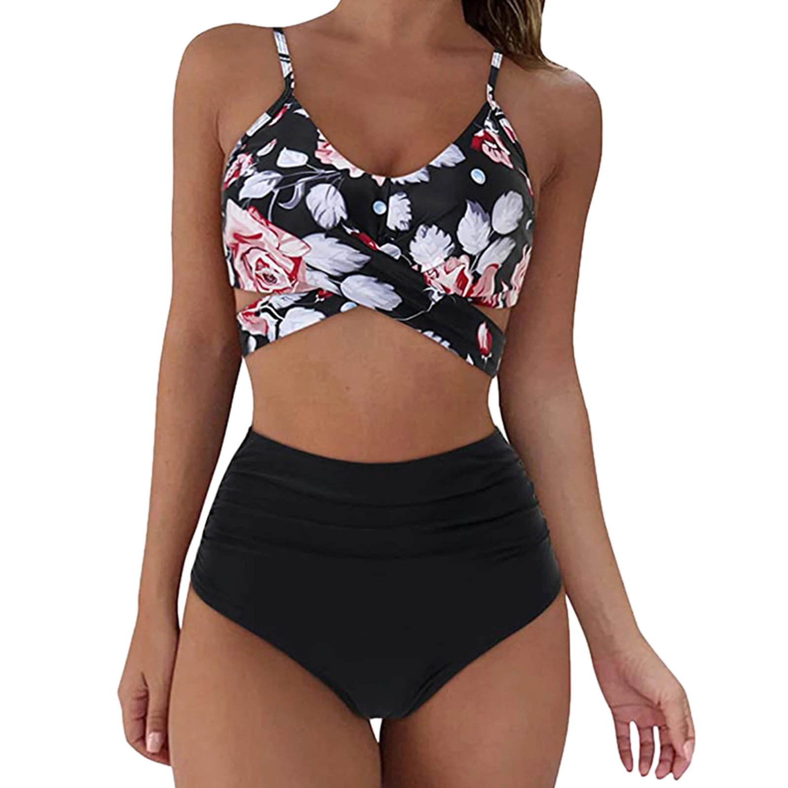 

Amazon sexy swimsuit cross strap high waist print split women bikini suimwear, White, black, rose red