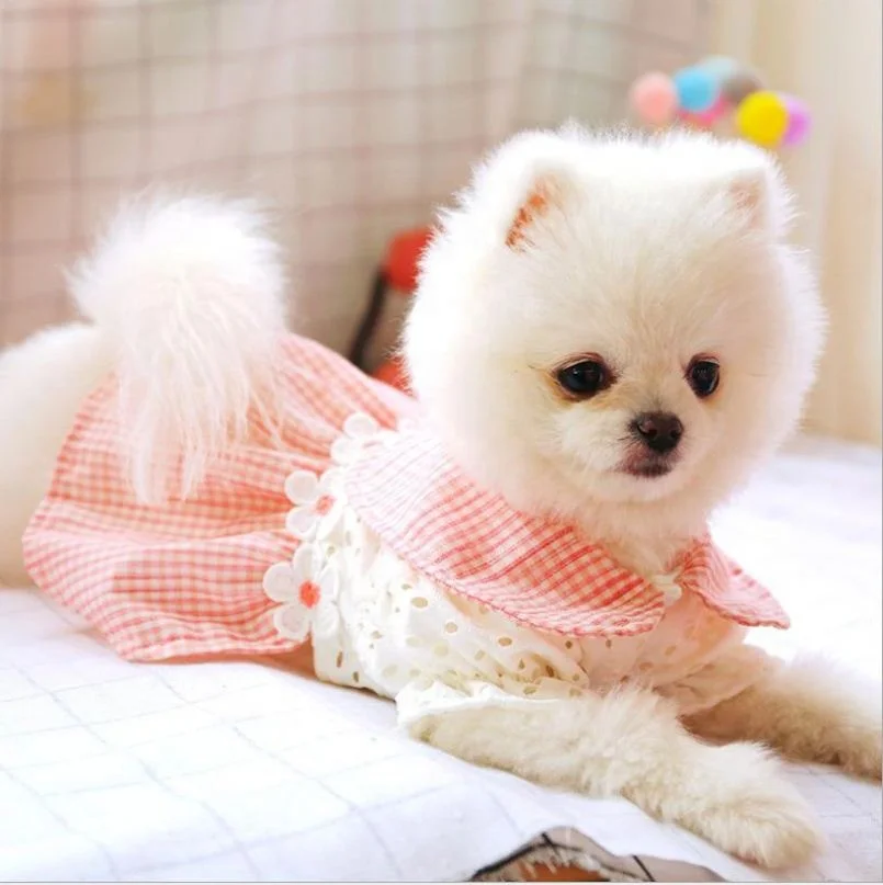 

Polyester Fashion Dog Skirt Plaid Hollowed-Out Flower Print Clothes Summer Thin Small Cute Dress, Pink