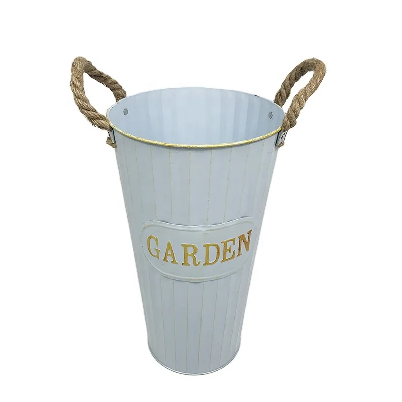 

New Design Wholesale Home Decor Floor Garden Waterproof Plants Antique White Metal Stand Painting Flower Pots With Hemp Handle