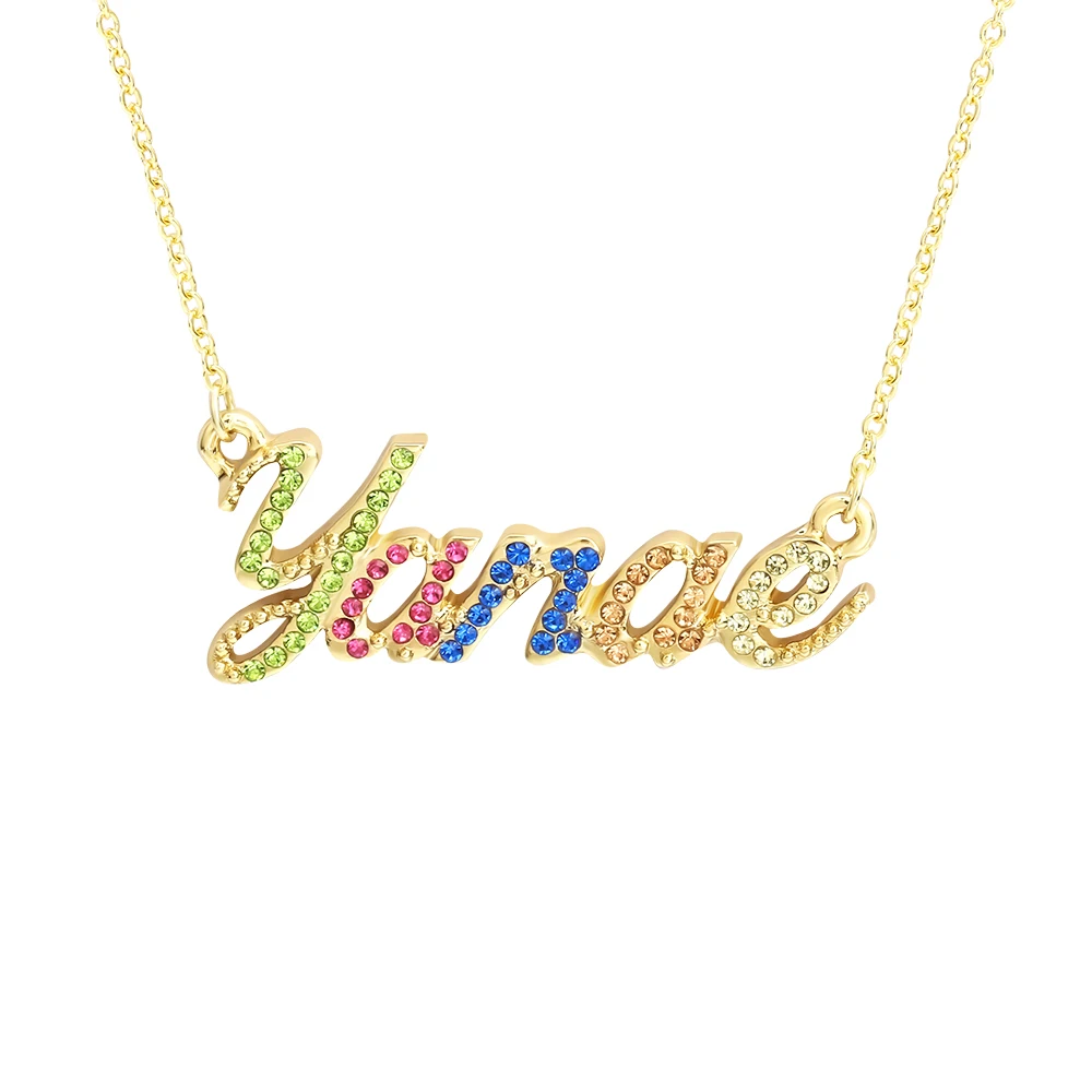 

2020 Newest Hip Hop Gold Plated Colorful Rhinestone Letter Pendant Jewelry Personalized Name Necklace for Girl