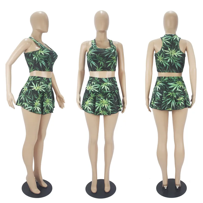 

2021 New Printing Sexy Tennis Dress Two Piece Set Women Casual 2 Piece Sport Outfits Jersey Tennis Skirt Sets