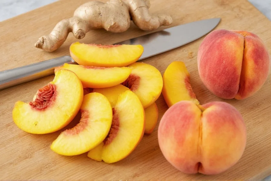 Fresh peach slices and ginger root on wooden cutting board for homemade peach ginger tea