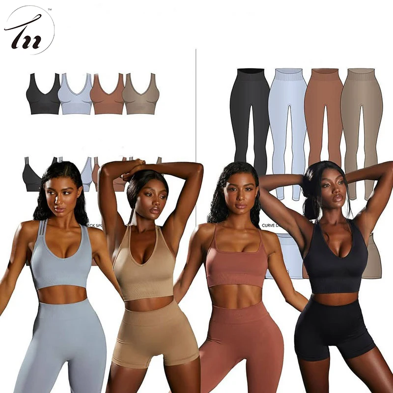 

S-XL 2022 Custom Long Sleeved Fitness 5 Pieces Seamless Yoga Wear Women High Waist Yoga Leggings Set, 4 colors