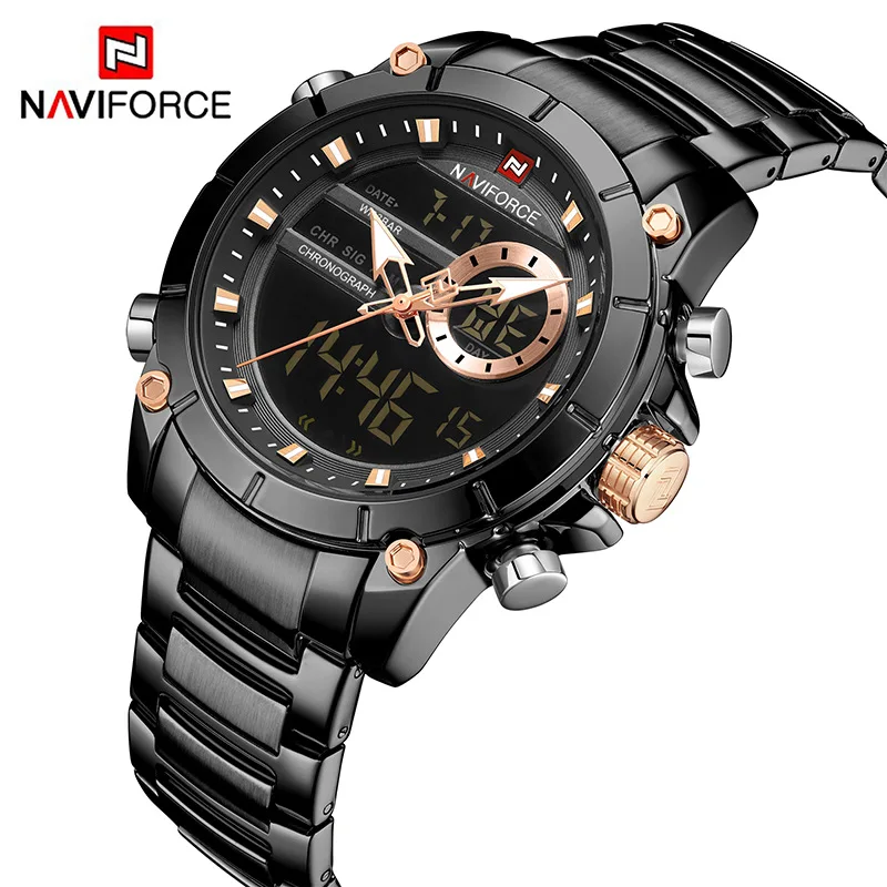 

Naviforce 9163 Men Military Sport Wrist Watch Gold Quartz Steel Waterproof Dual Display Male Luxury Watches Relogio Masculino, 6 colors