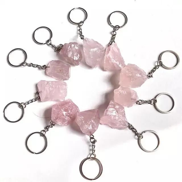

Wholesale natural carved rough rose quartz keychain crystals healing stones for sale