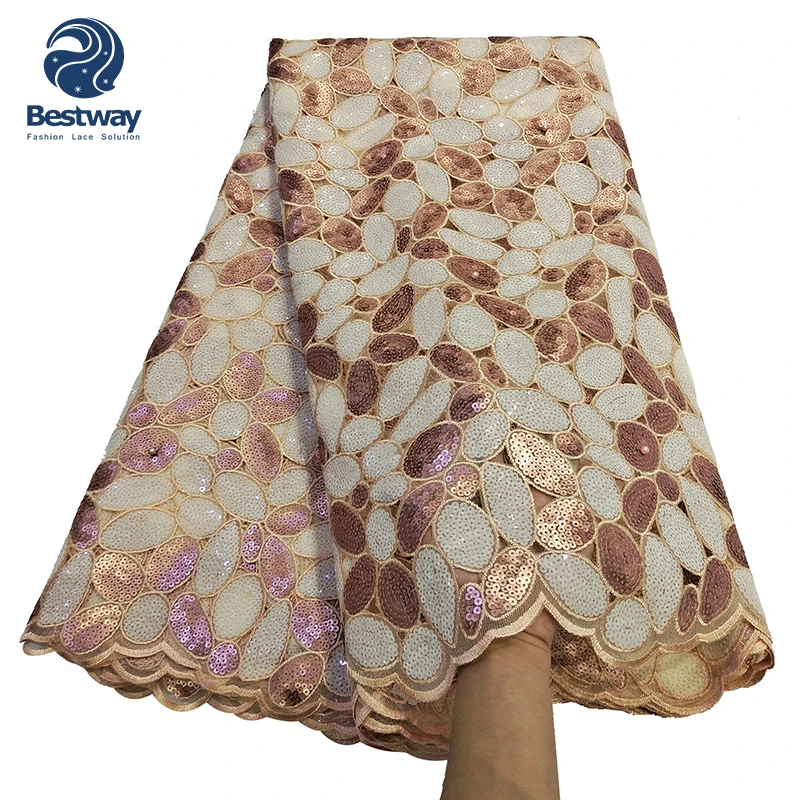 

2021 Bestway Latest Rose Gold African Double Net Lace Hand cut Sequence Lace Fabric, Muti-color