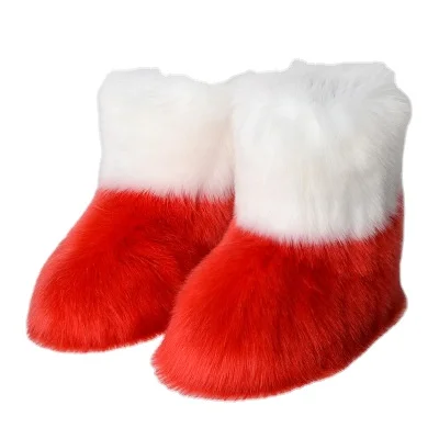 

New Arrival Hot Sale Colorful Cheap Women Plush Christmas High Fluffy Snow Winter Boots Faux Fox Fur Warm Boots