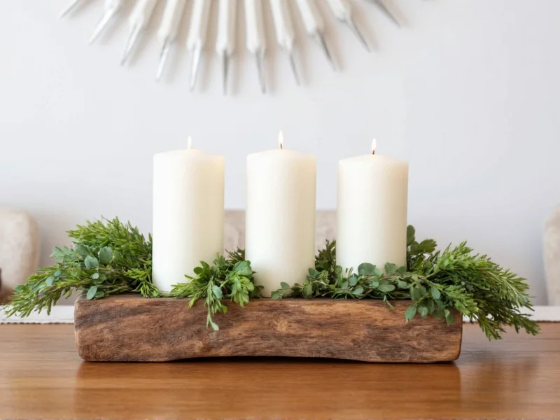 DIY reclaimed wood candle centerpiece with pillar candles and greenery