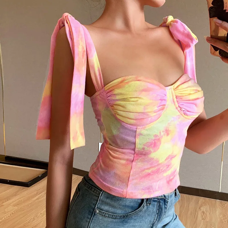 

FZ-65 Summer New Lady Tie-Dye Printing Tube Tank Top Girls Knotted Sling Sexy Bodycon Halter T-Shirt, Shown