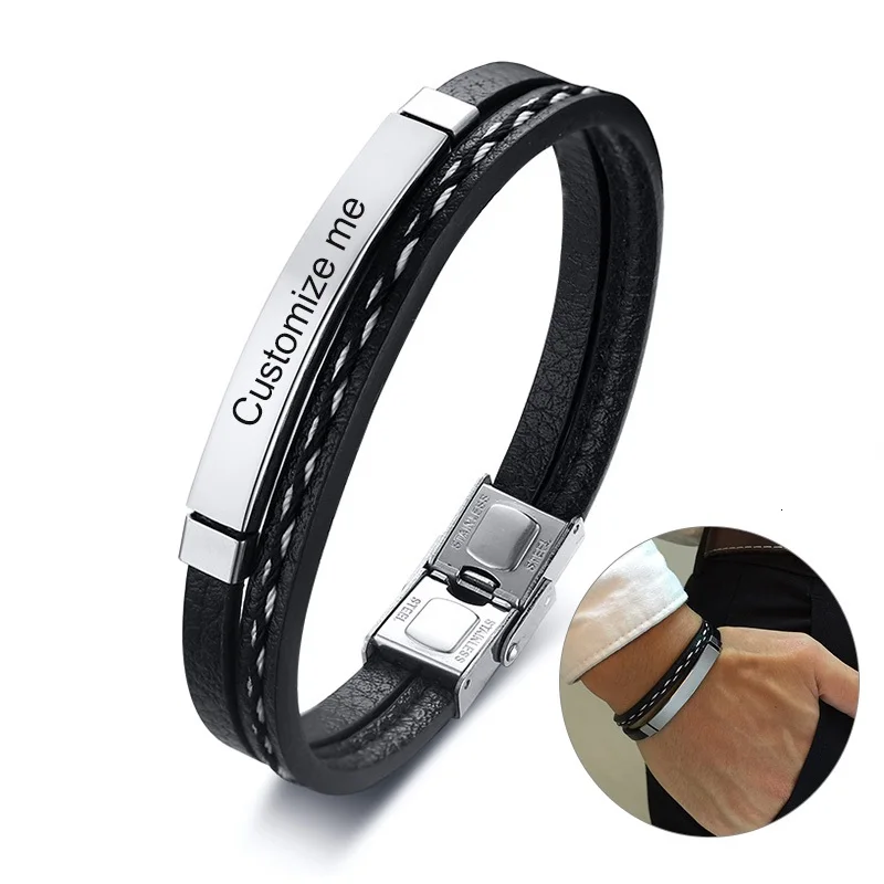 High Quality Stainless Steel Men's Leather Bracelet Custom Gold Black Silver Magnetic Bangles with Lettering Mainly Made Silver