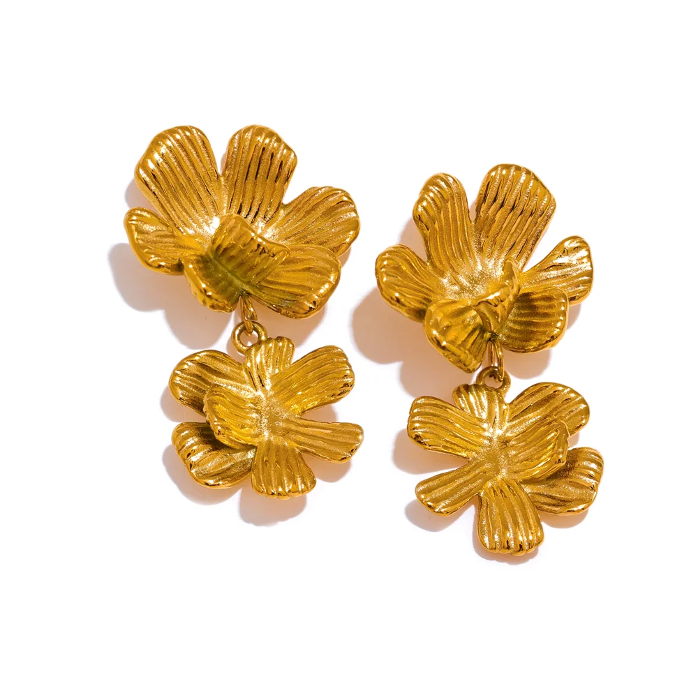 JINYOU 1730 New Gold Color Stainless Steel Flower Drop Earrings Women Metal Texture Daily Ear Trendy Jewelry Gala Gift Bijoux