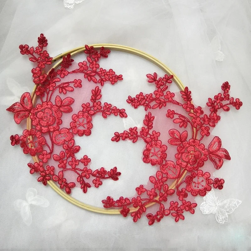 

Couture red floral applique lace embroidery flower patch decoration, As pictured