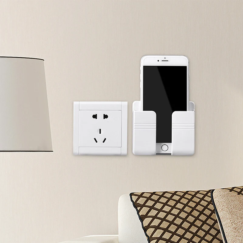 

Phone Charging Stand Wall Mounted Organizer Box Remote Control Air Conditioner Storage Case Bedside Mobile Phone Plug Holder, White