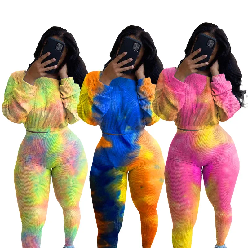 

Wholesale custom tie-dye two-piece printing color strapless women's long sleeve casual set