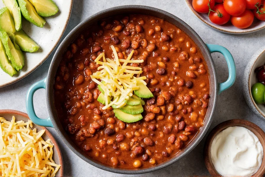 Simple bean chili in a pot with toppings like cheese, avocado, and sour cream arranged around it