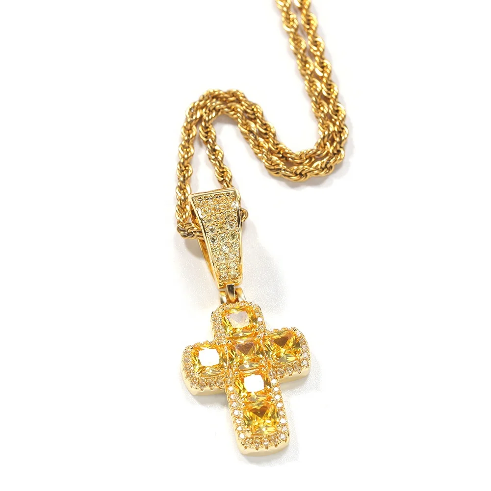 

BLING KING Yellow Stones Fashion Cross Tennis Chain Green Pendant Copper Zircon Beautiful Jewelry, Customized color