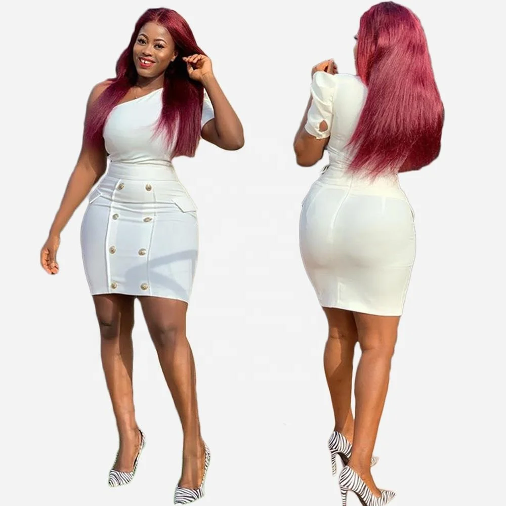 

B62441A Cross-border women's one-shoulder short-sleeved dress white hot style hip dress