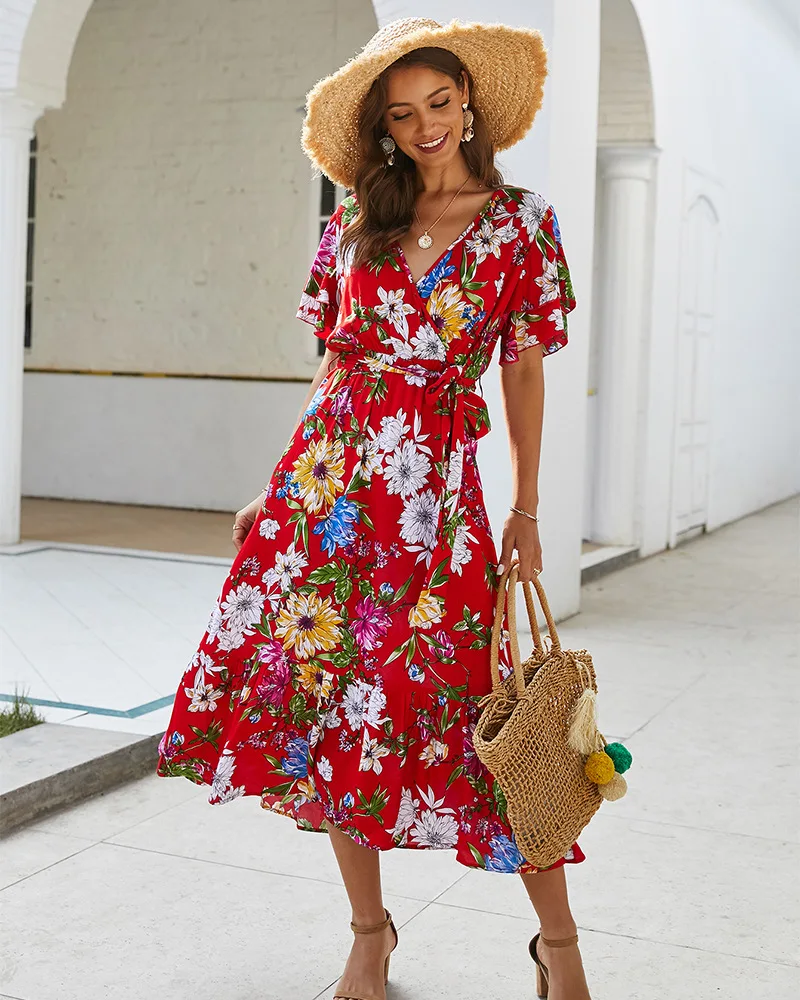 

Women Casual Short Sleeve 2021 Summer Dresses For Womens Summer Holiday Style Sundress Printed Floral, Shown