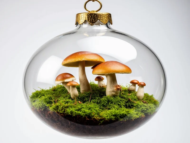 Clear ornament showing miniature terrarium with moss and tiny mushrooms