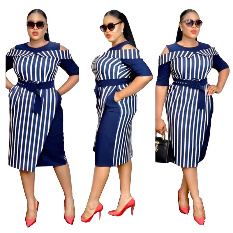 Hot Selling Turkey Women Office Dresses Women Elegant African Stripe Dresses