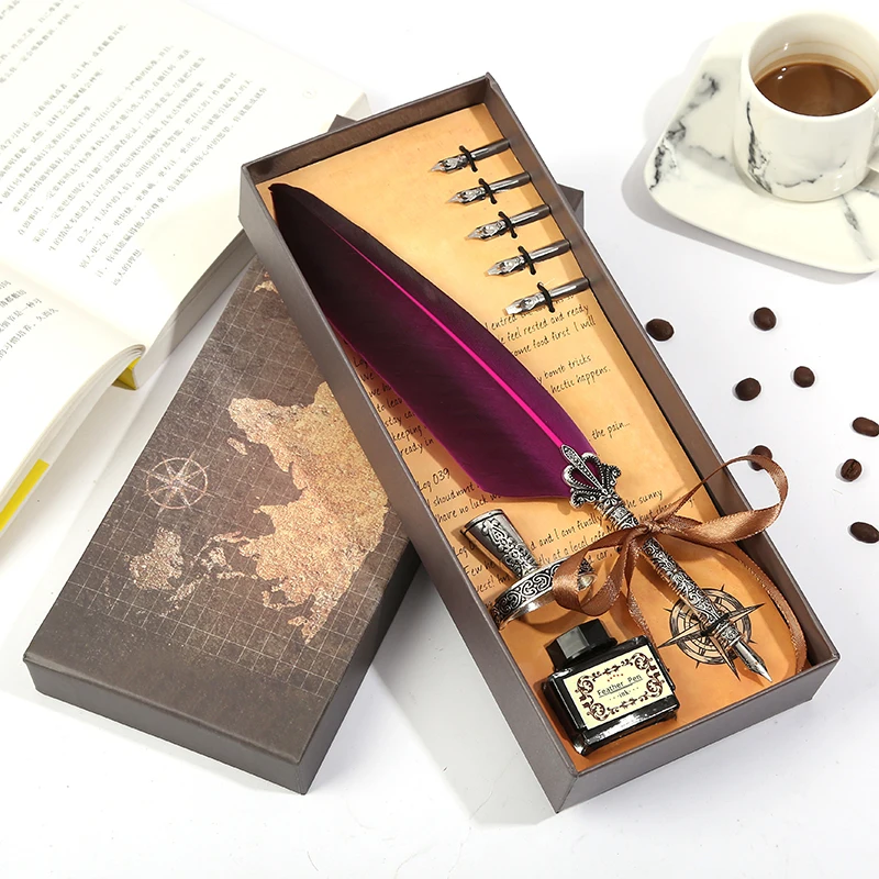 Luxury Calligraphy Feather Dip Pen Writing Ink Set Stationery Gift Box With 5 Nib Wedding Quill Pen Metal Fountain Pen Set