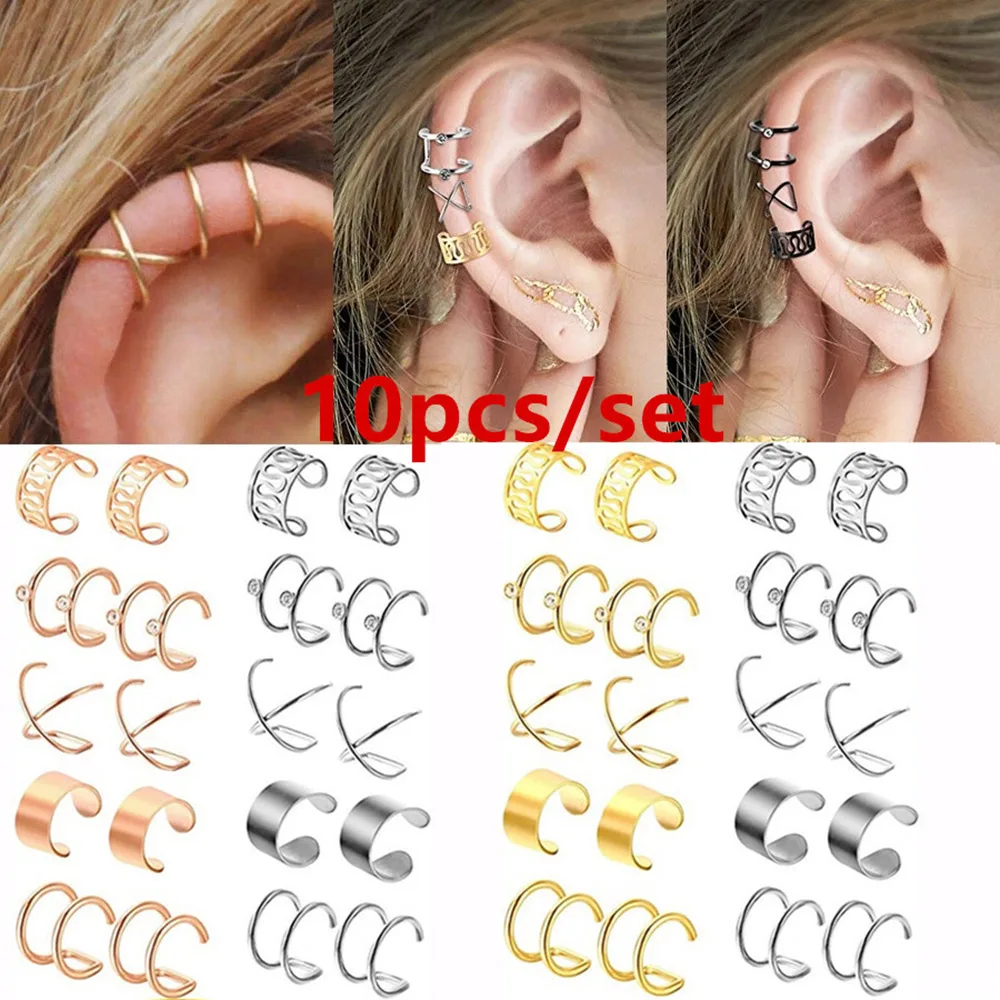 

2021 trendy women fashion clip on cartilage set alloy no pierce gold plated ear earrings cuff, Gold/steel/black/rose gold