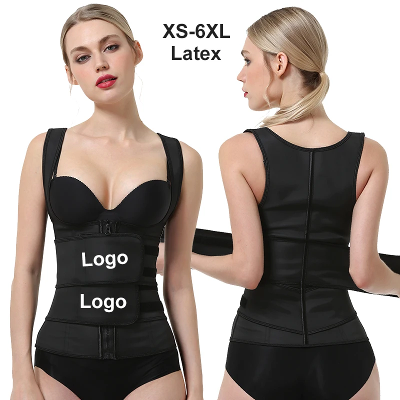 

Custom Logo 9 Steel Boned Best XS Hook Zipper Women Fajas Para Mujer Plus Size Strap Double Belt Latex Waist Trainer Vest Corset, Black