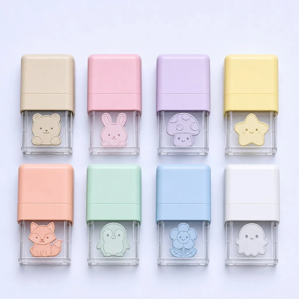 Full series of eight self-inking kawaii stamps in pastel colors flat lay