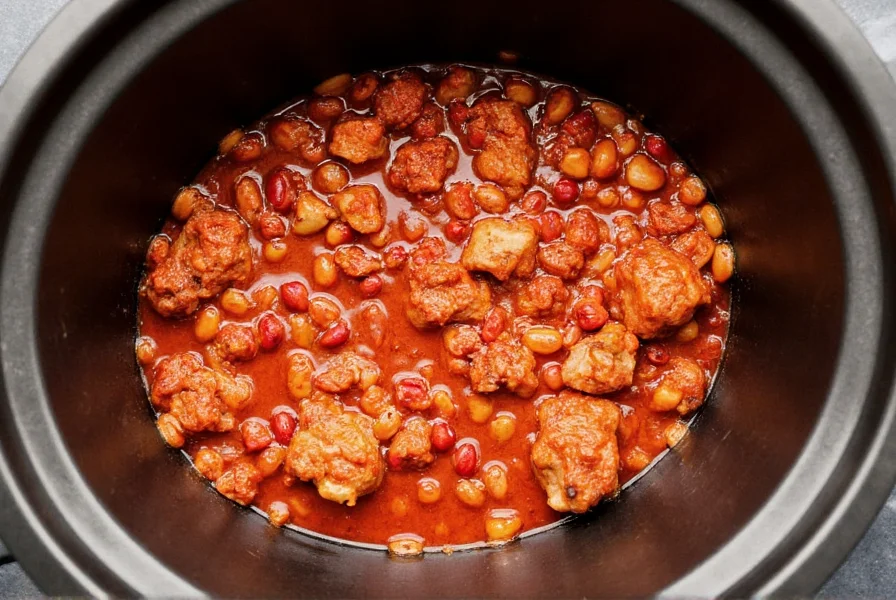 Slow cooker filled with rich red chili showing tender meat chunks and beans