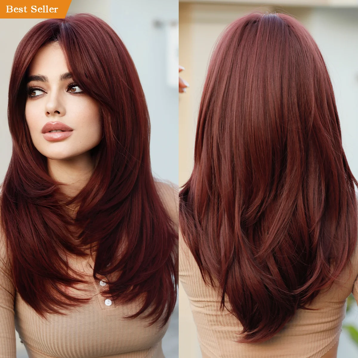 

Layered Burgundy Wigs with Bangs Long Red Wigs for Women Heat Resistant Natural Synthetic Hair Women Pelucas Perruques