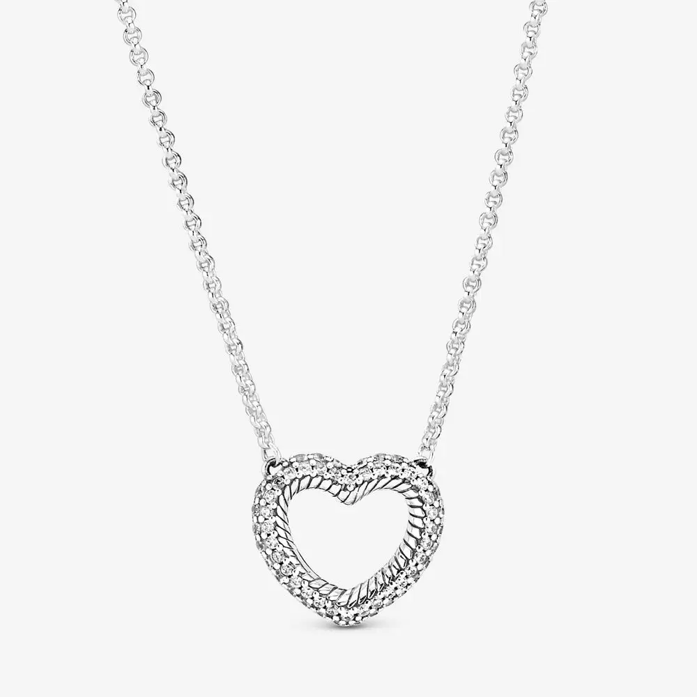 

925 silver Pave Snake Chain Pattern Open Heart Collier Necklace fit pandora rings for gifts fit pandora silver jewelry 399110C01, Silver color