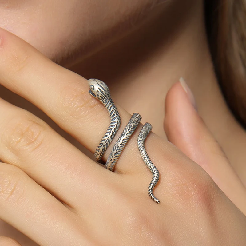 

925 Sterling Silver Snake Spiral Ring for Men and Women Vintage Punk Rock Gothic Silver Adjustable Opening Size Animal Jewelry