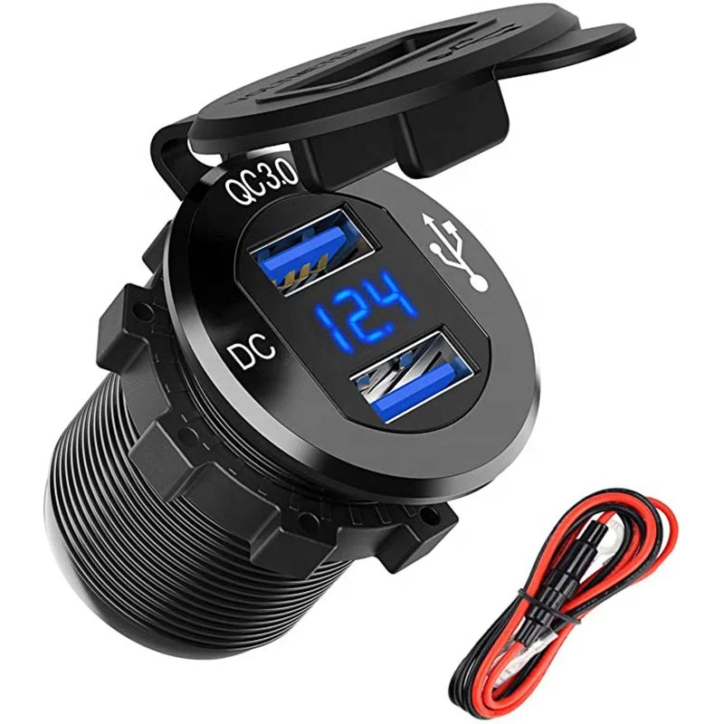 

36W Car Charger Dual USB QC 3.0 USB Socket LED Display Switch Waterproof Universal Car Socket Plug For Phone Tablet Camera GPS, Black gold silver blue orange